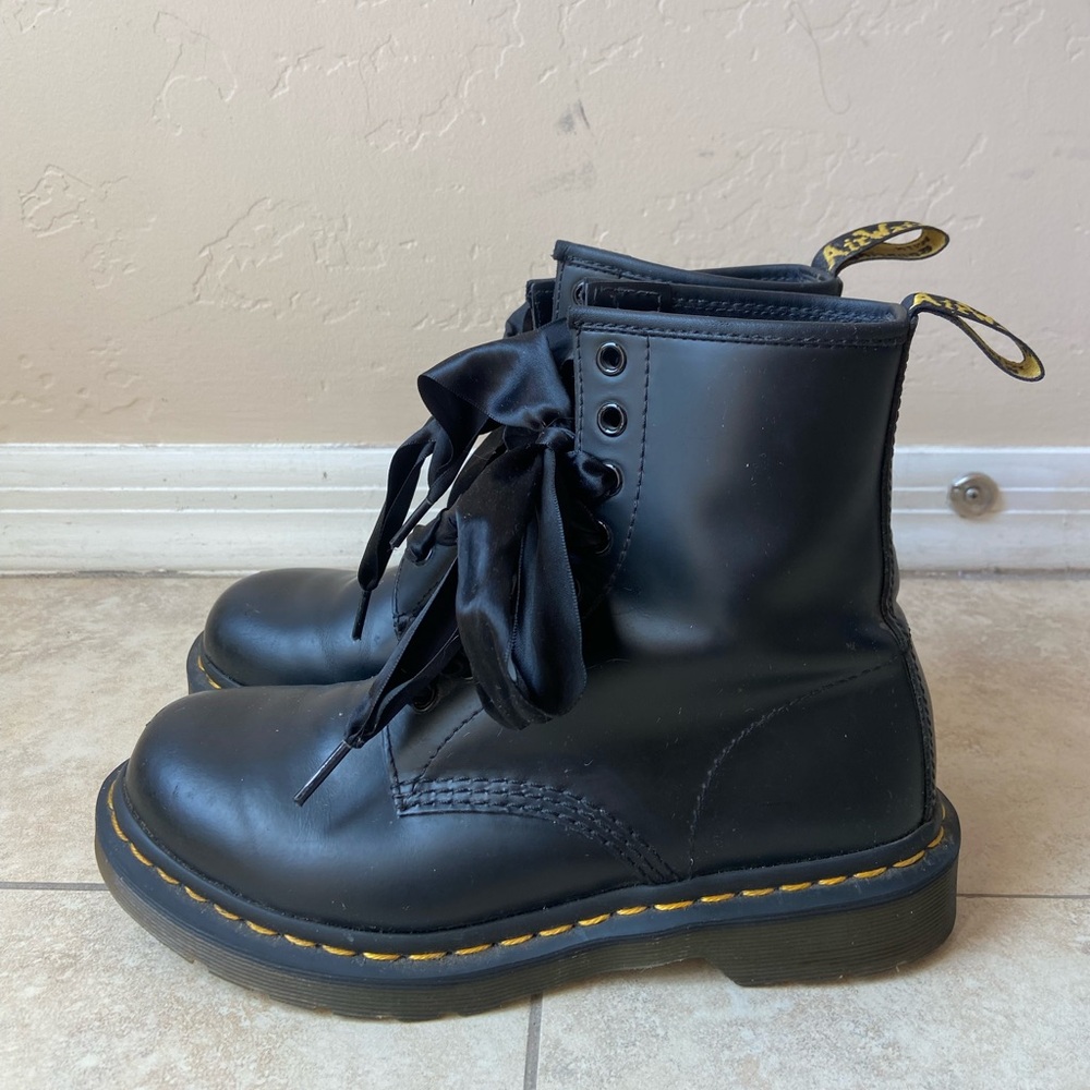 Dr. Martens Black Leather Lace-Up Ankle Boots with Satin Ribbon Laces